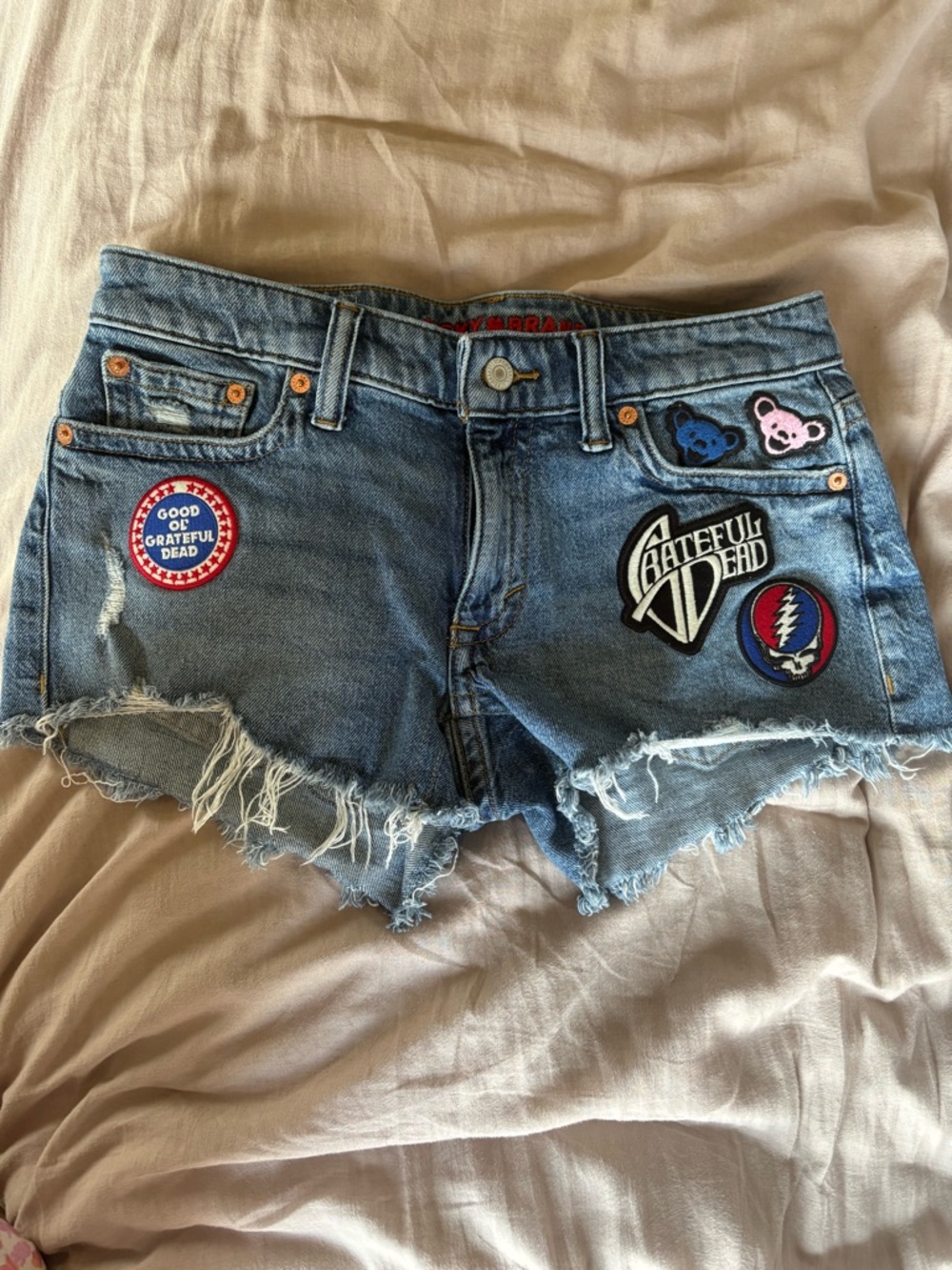 Lucky Brand Light Blue Denim Patchwork Shorts with Grateful Dead Patches